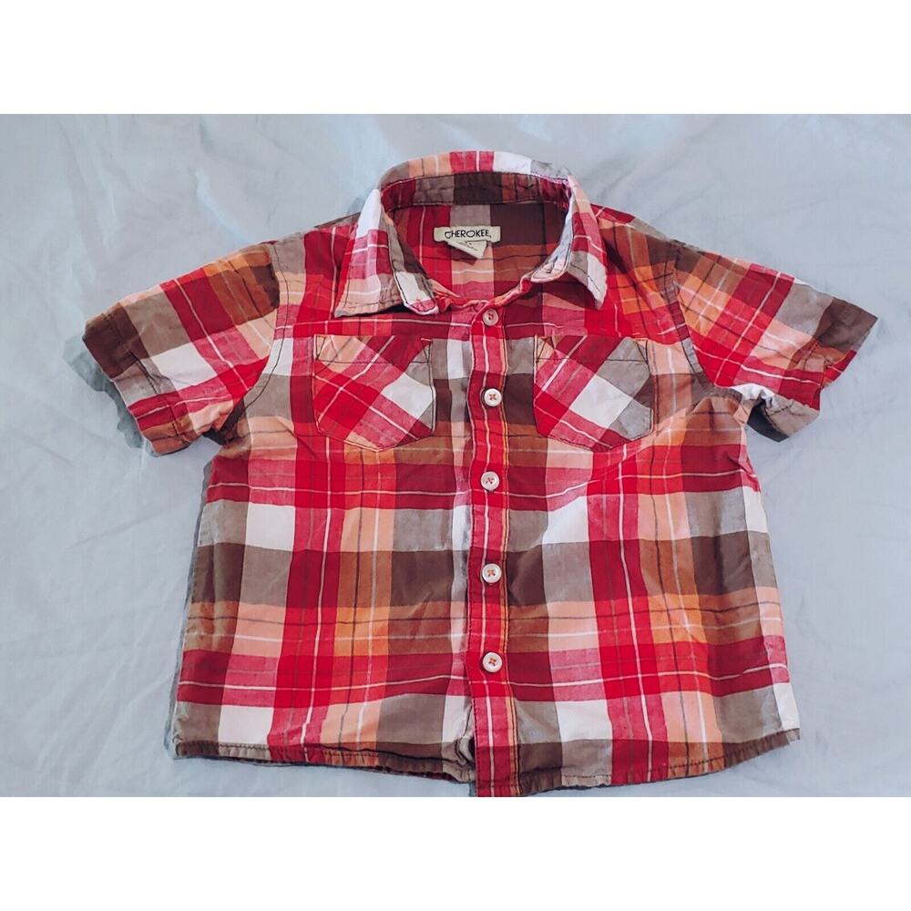 Cherokee Baby Boy Short Sleeve Button Plaid Shirt 4T - Ships Same Business Day